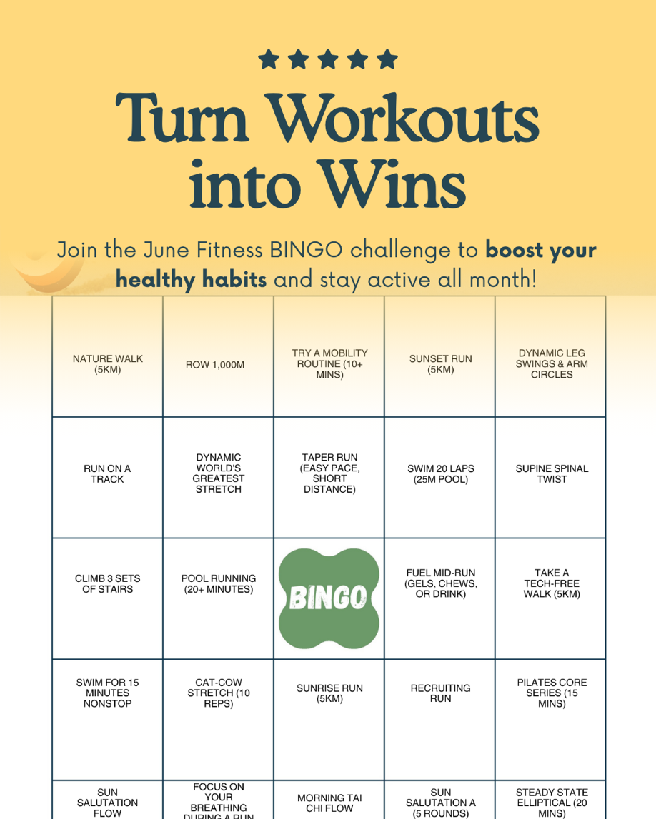 Printable Social Fit BINGO event card with fitness challenges in each square