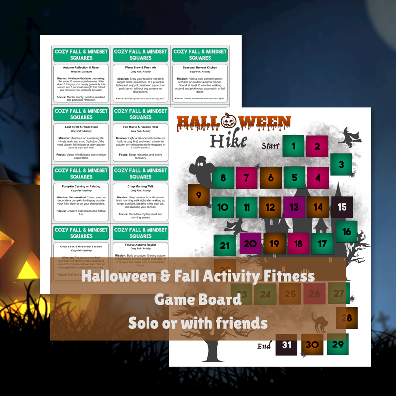 Printable Halloween Hike Social Fit board preview with cozy fall mission cards and trail squares