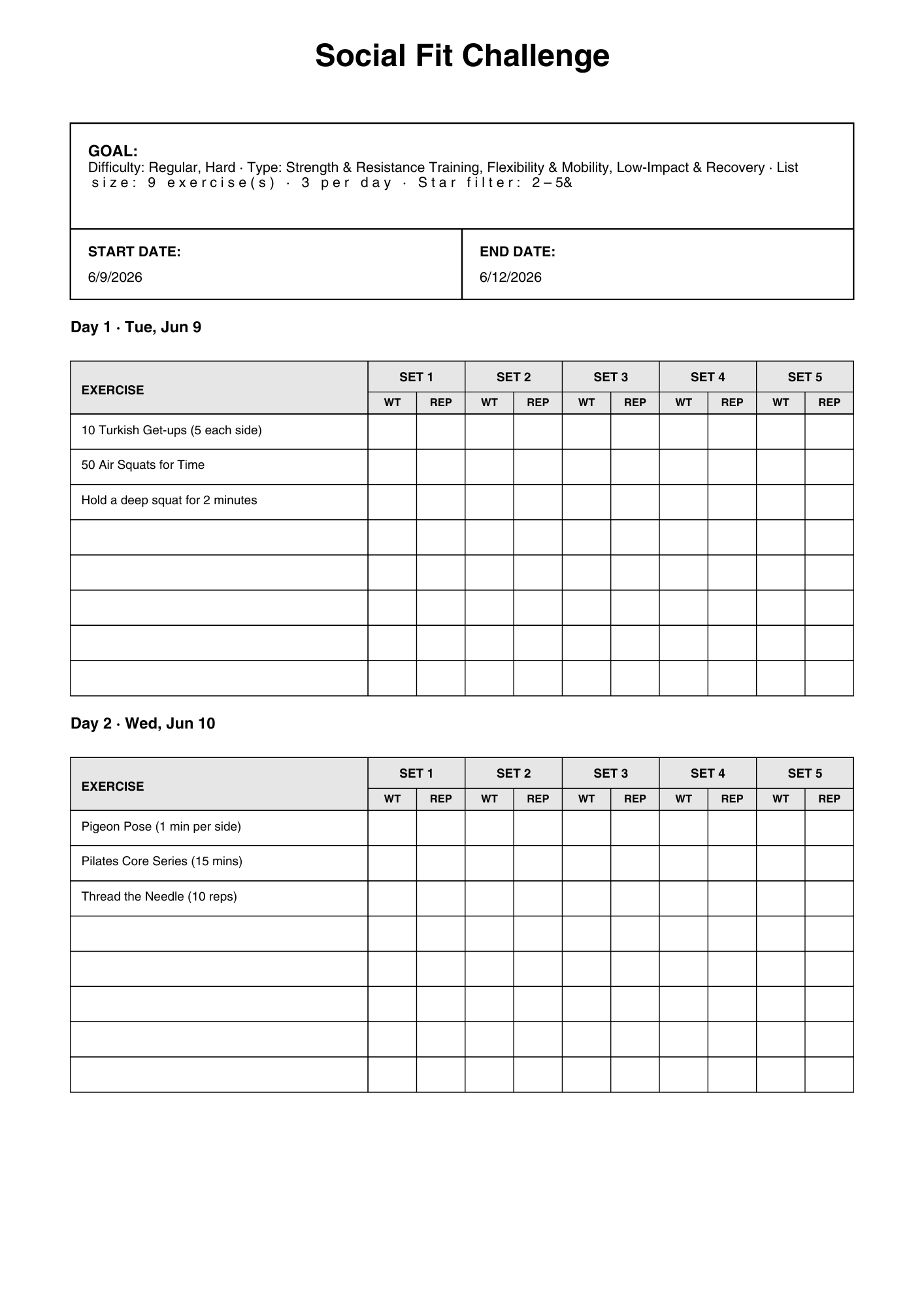 Sample Social Fit workout plan PDF page 1 with goal, dates, and Day 1–2 exercise tables