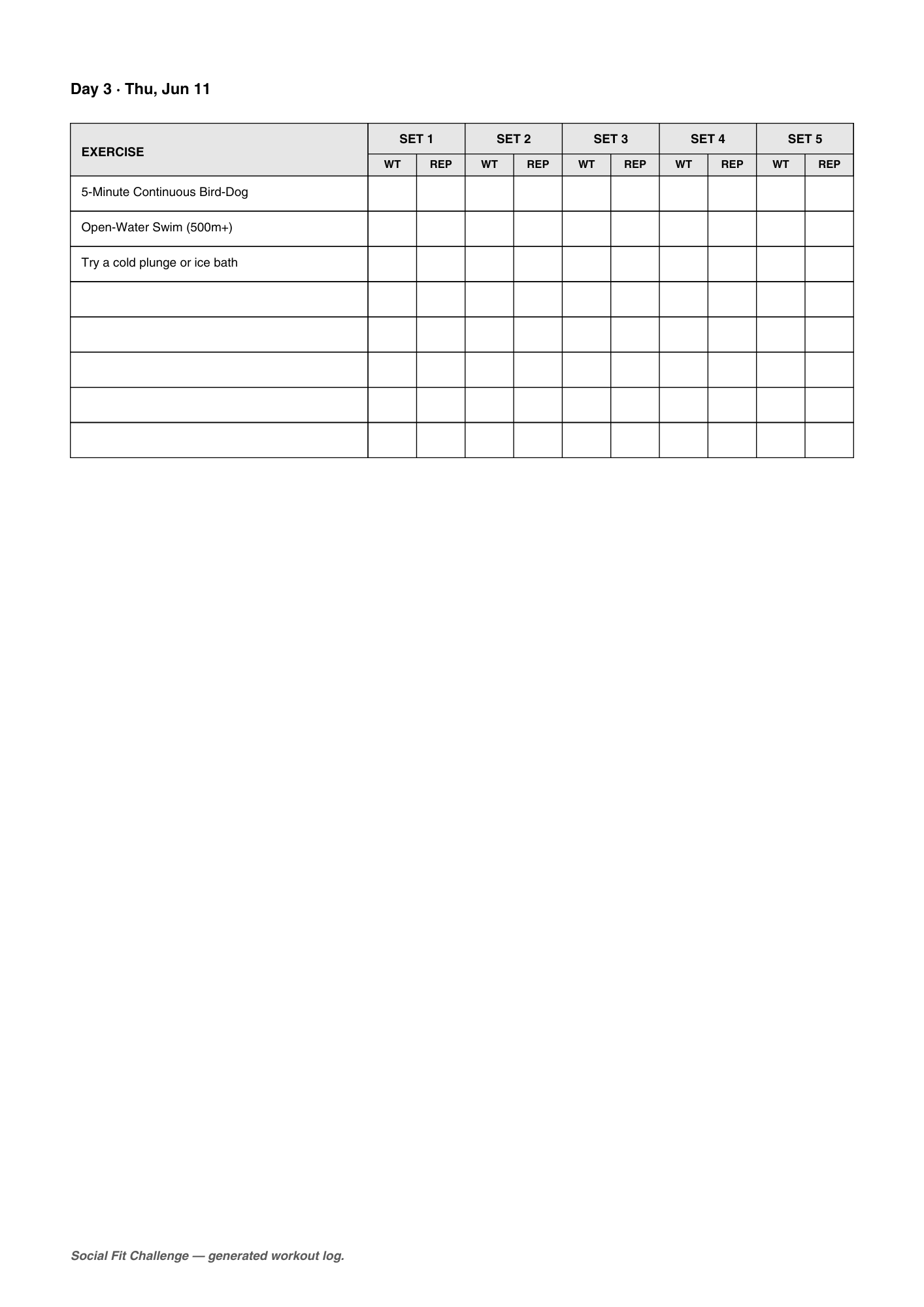 Sample Social Fit workout plan PDF page 2 with Day 3 exercise table