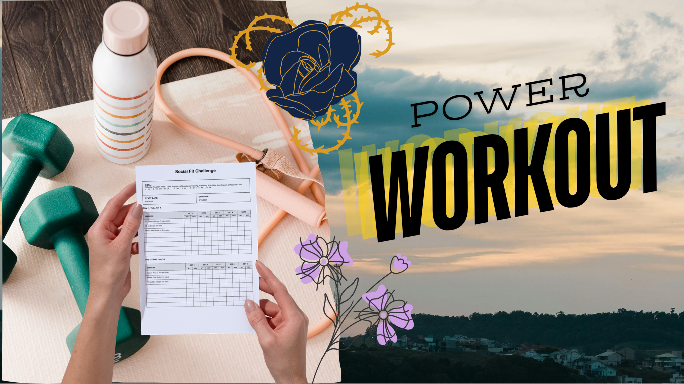 Hands holding a Social Fit workout log beside dumbbells, with Power Workout branding